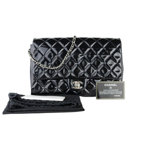 Clutch with Chain Flap Patent Quilted Black SHW