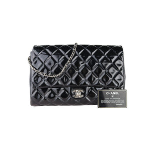 Clutch with Chain Flap Patent Quilted Black SHW