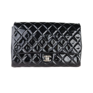 Clutch with Chain Flap Patent Quilted Black SHW