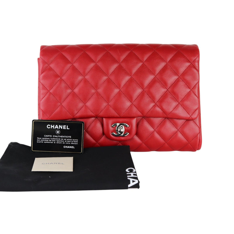 Clutch with Chain Flap Lambskin Quilted Red SHW