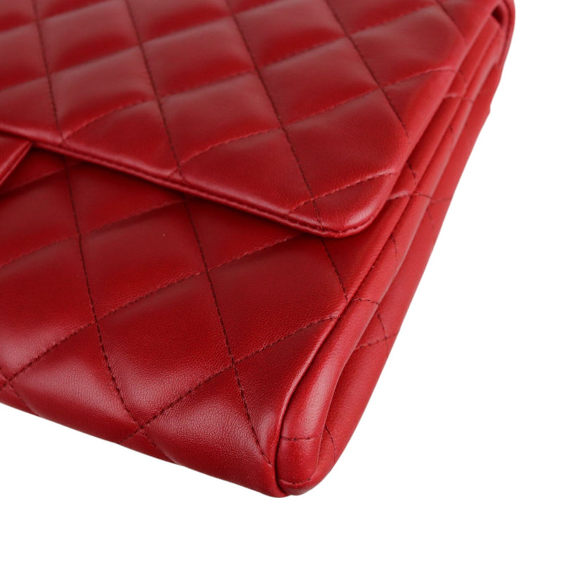 Clutch with Chain Flap Lambskin Quilted Red SHW