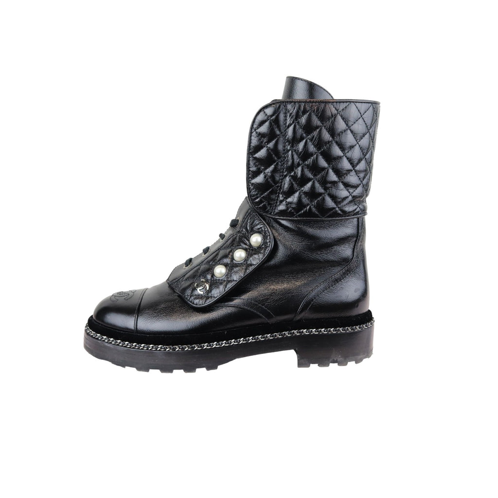Pearl Combat Boots Crackled Calfskin Velvet Black Size 38