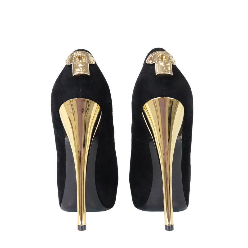 Louis Vuitton -Oh Really Gold Lock Peep Toe burgundy Suede Pump