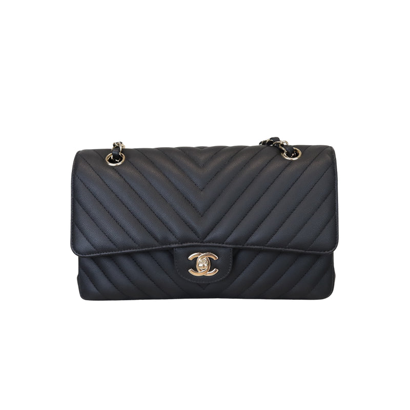 Classic Flap Medium Chevron Caviar Black GHW