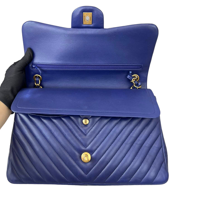 Classic Double Flap Lambskin Chevron Jumbo Blue GHW