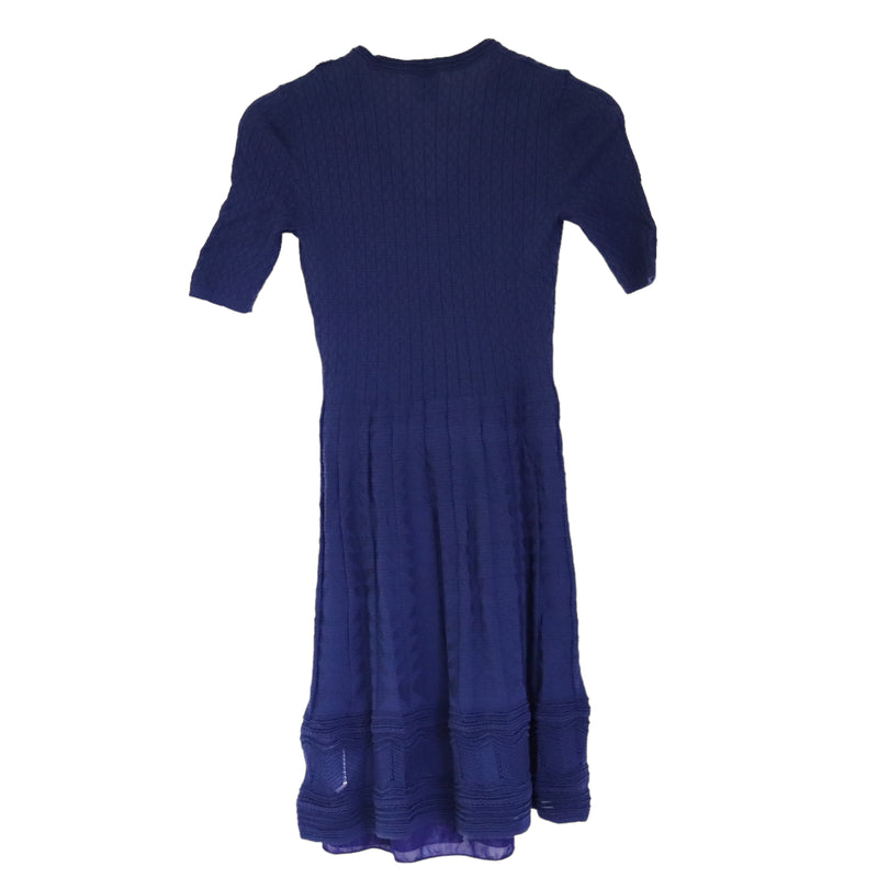 Blue Ornate Pleated Knit Dress XS