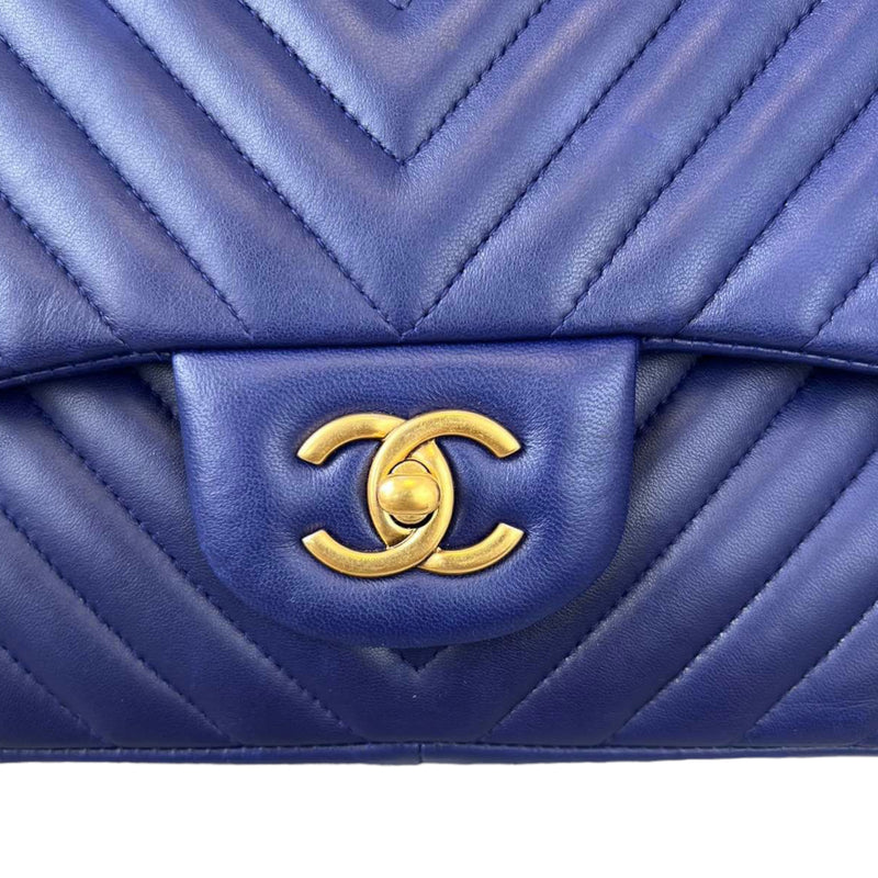 Classic Double Flap Lambskin Chevron Jumbo Blue GHW