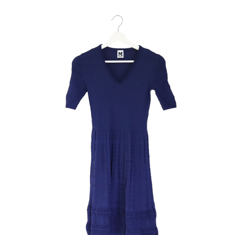 Blue Ornate Pleated Knit Dress XS