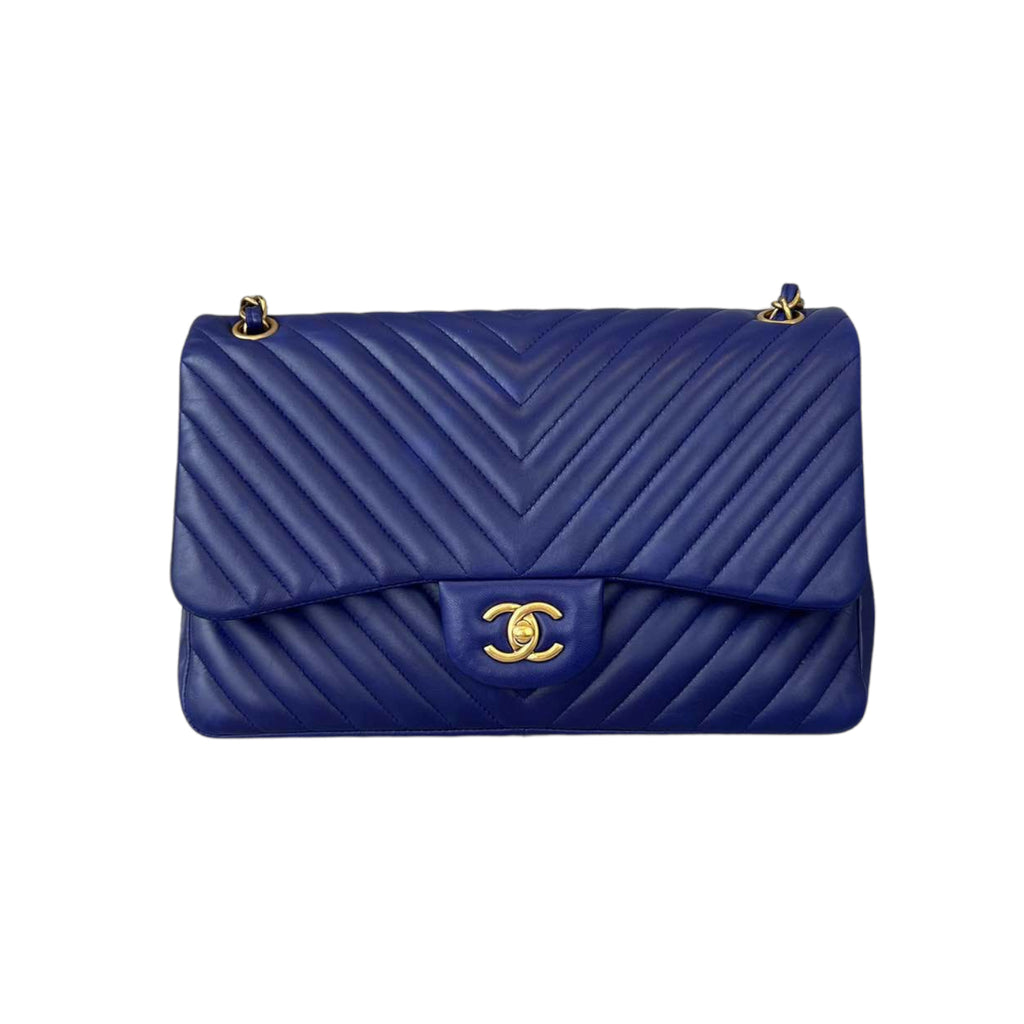 Classic Double Flap Lambskin Chevron Jumbo Blue GHW