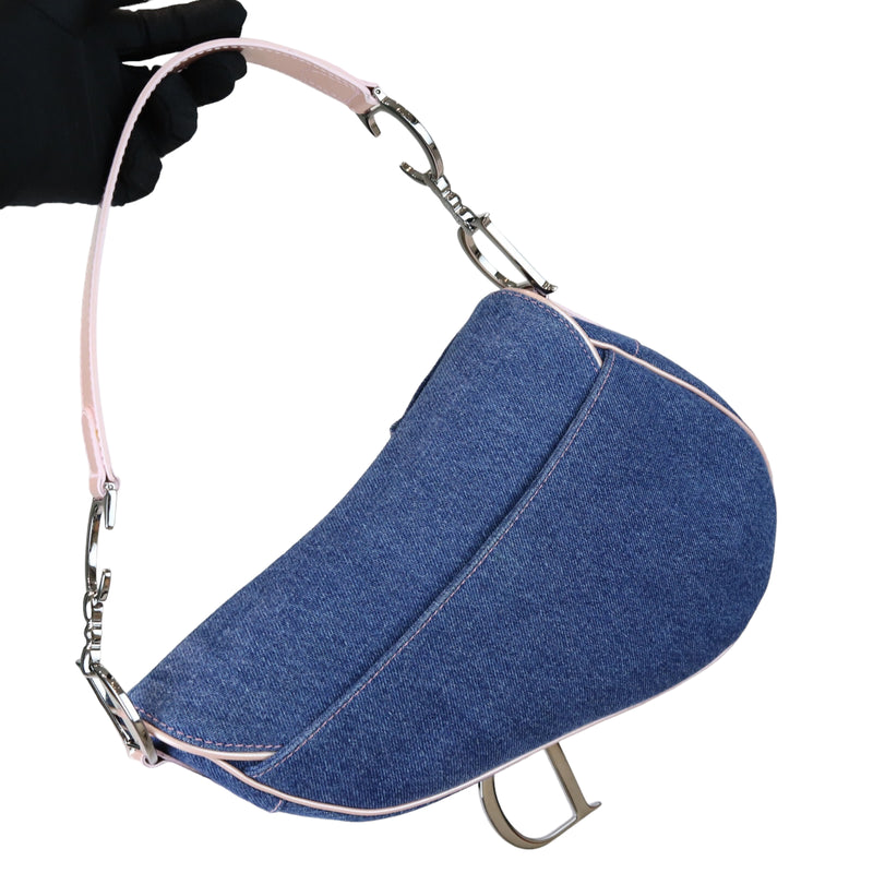 Authentic Christian Dior Blue Denim Saddle shoulder bag