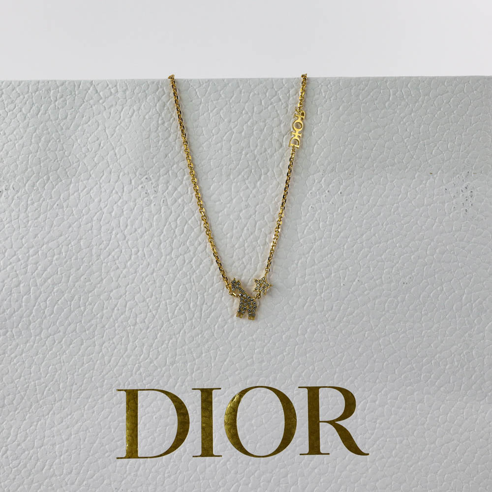 CHRISTIAN DIOR White Crystal Diorable Giraffe Gold Finish Necklace Bag Religion