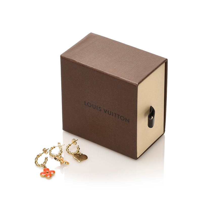 LOUIS VUITTON Goldtone Metal Pink Sweet Monogram Charms Set of Three  Earrings