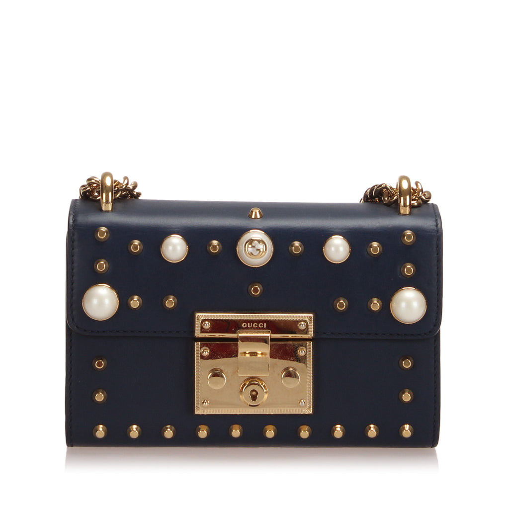 Small Studded Padlock Leather Crossbody Bag Dark Blue GHW