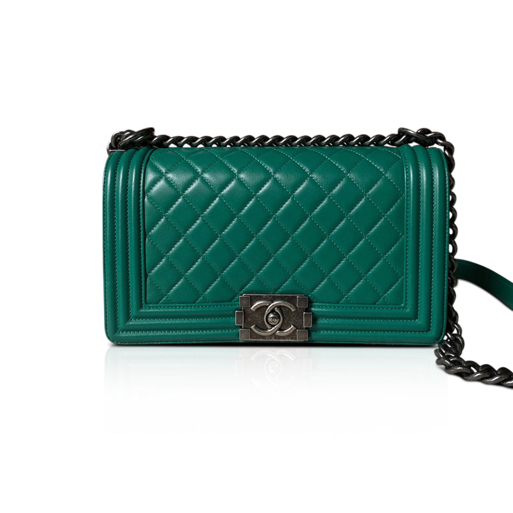 Old Medium Le Boy Bag in Emerald Green Lambskin Leather with RHW