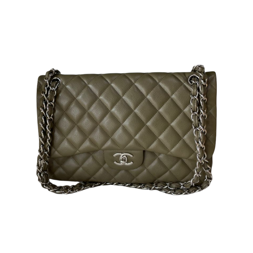 Classic Double Flap Jumbo Caviar Olive Green SHW