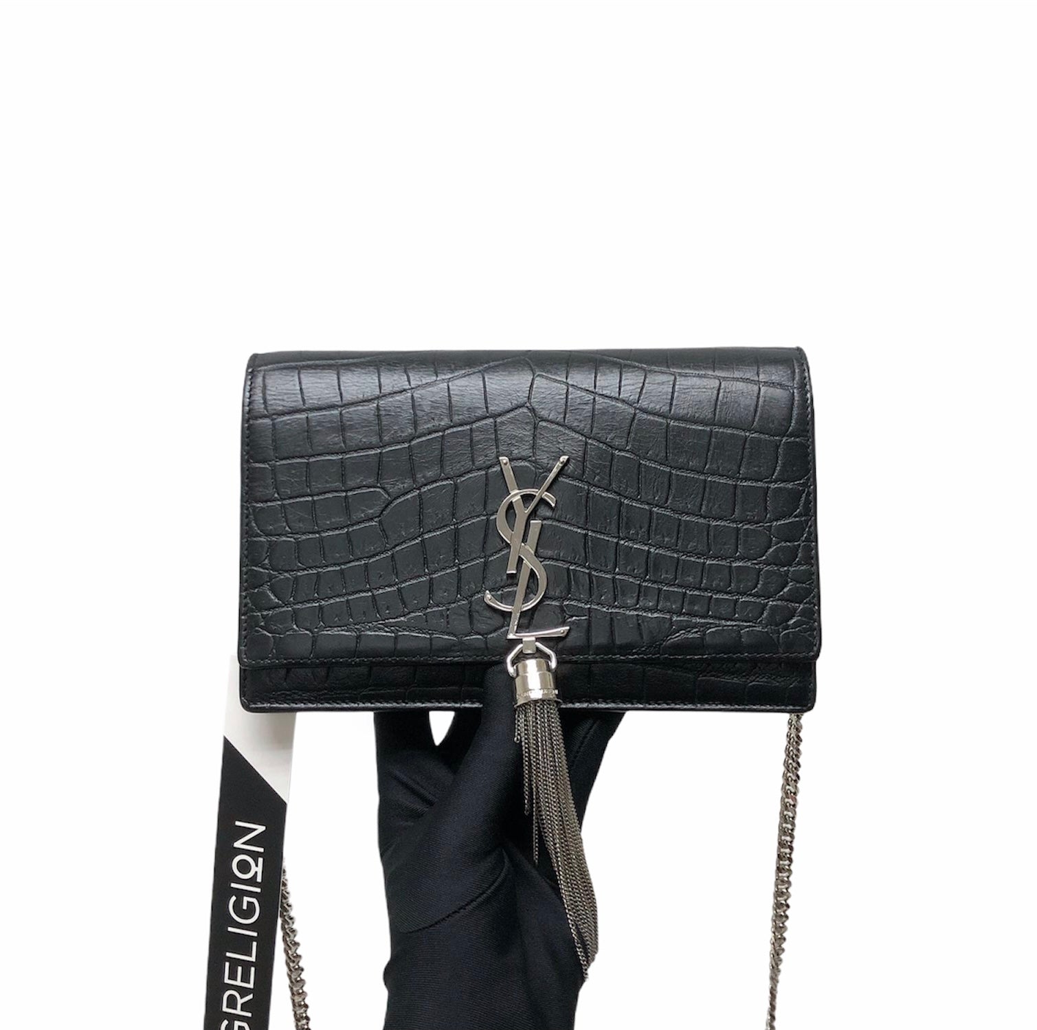 Saint Laurent Women's Small Kate Crocodile-Embossed Leather Shoulder Bag with Tassel - Noir