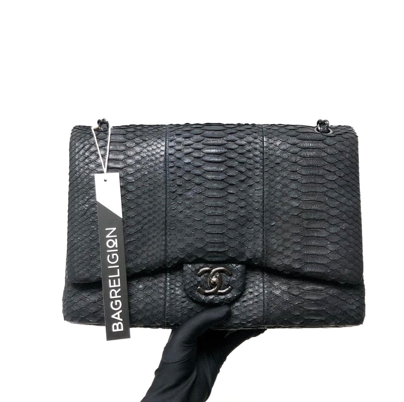 Maxi Double Flap Python Leather in Black RHW | Bag Religion