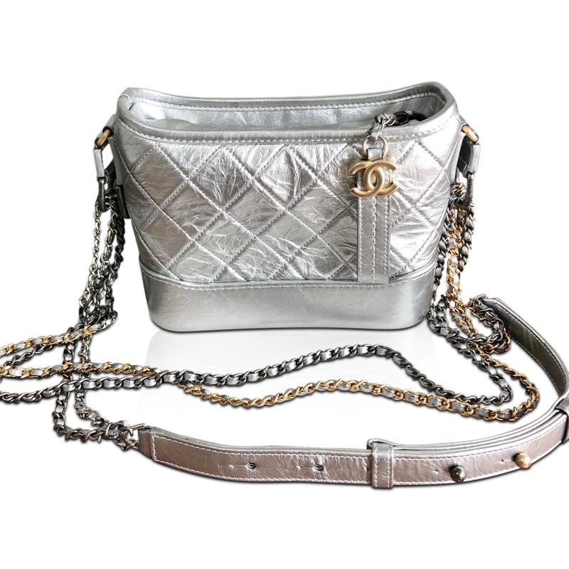 CHANEL Metallic Aged Calfskin Quilted Small Gabrielle Hobo Silver 1286360