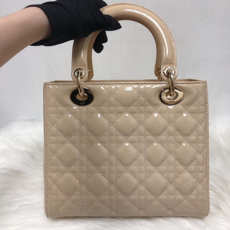 Lady Dior Patent Cannage Medium Bag in Beige