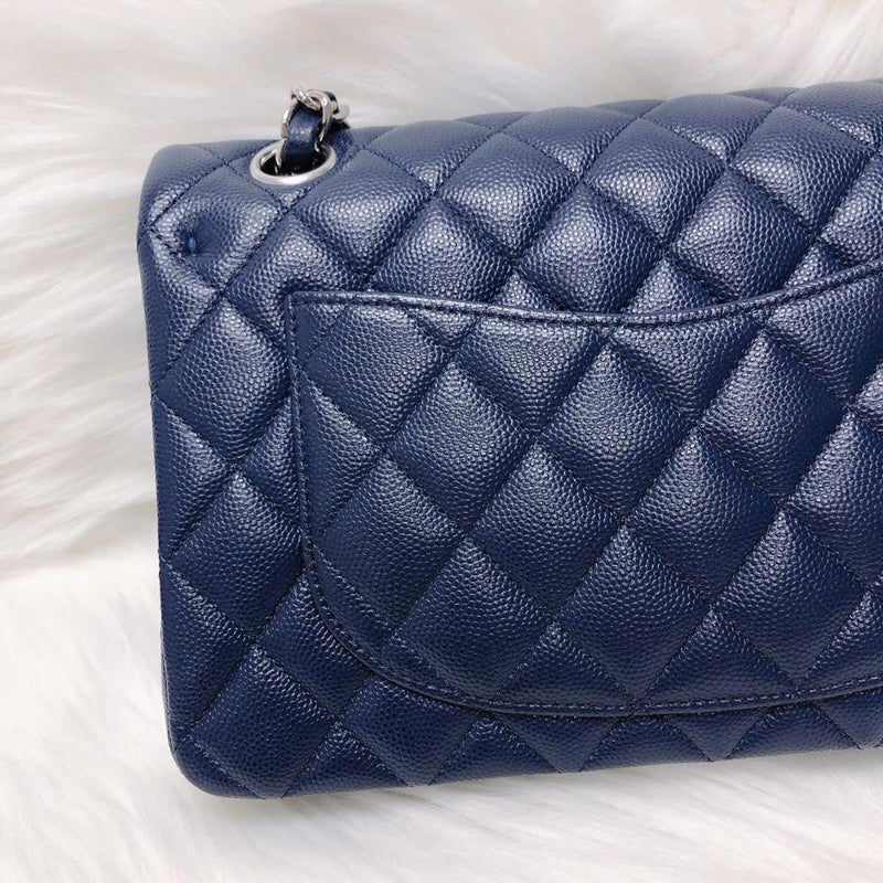 Small Double Flap Bag in Navy Blue Caviar with SHW