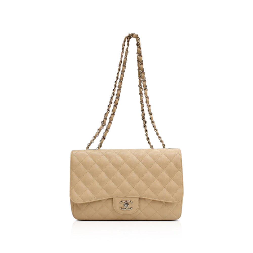 New Single Flap Caviar Jumbo in Light Beige Silver Hardware