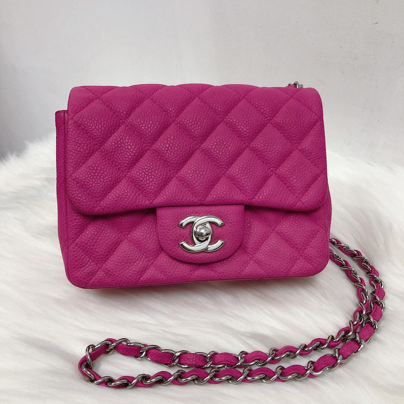 Square Mini Flap Bag Quilted Caviar Leather with SHW Hot Pink | Bag ...