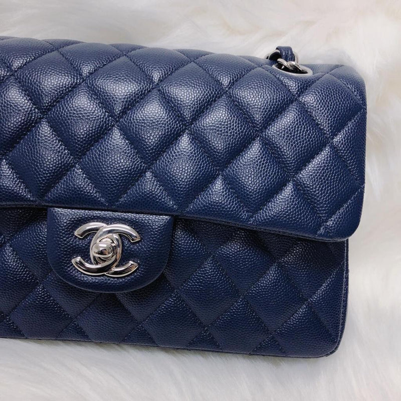 Small Double Flap Bag in Navy Blue Caviar with SHW