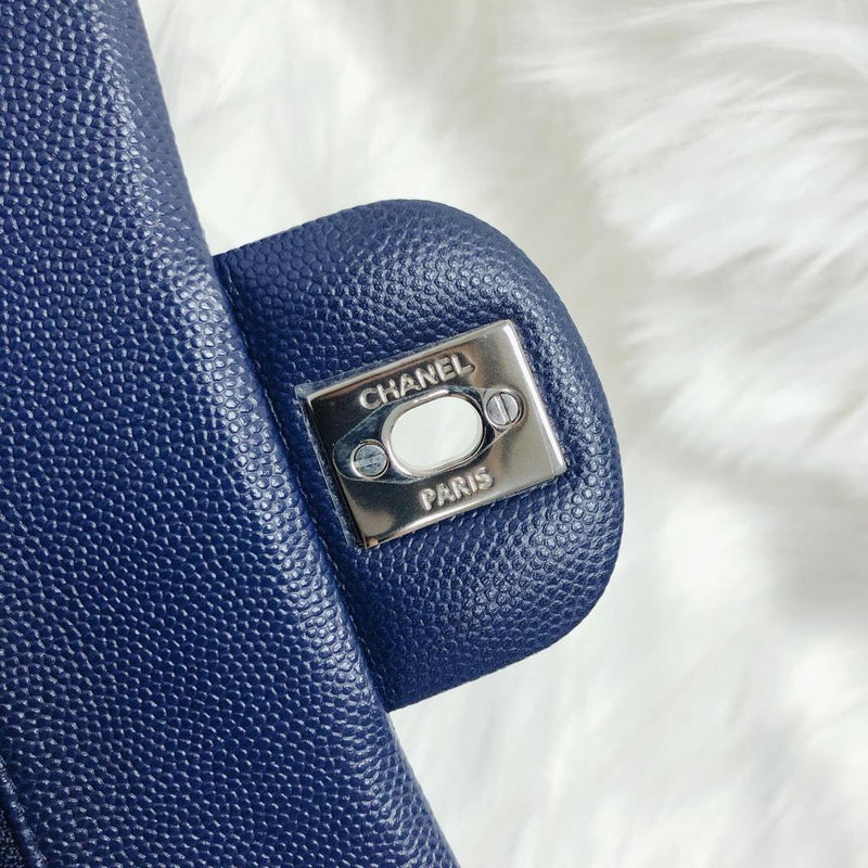 Small Double Flap Bag in Navy Blue Caviar with SHW