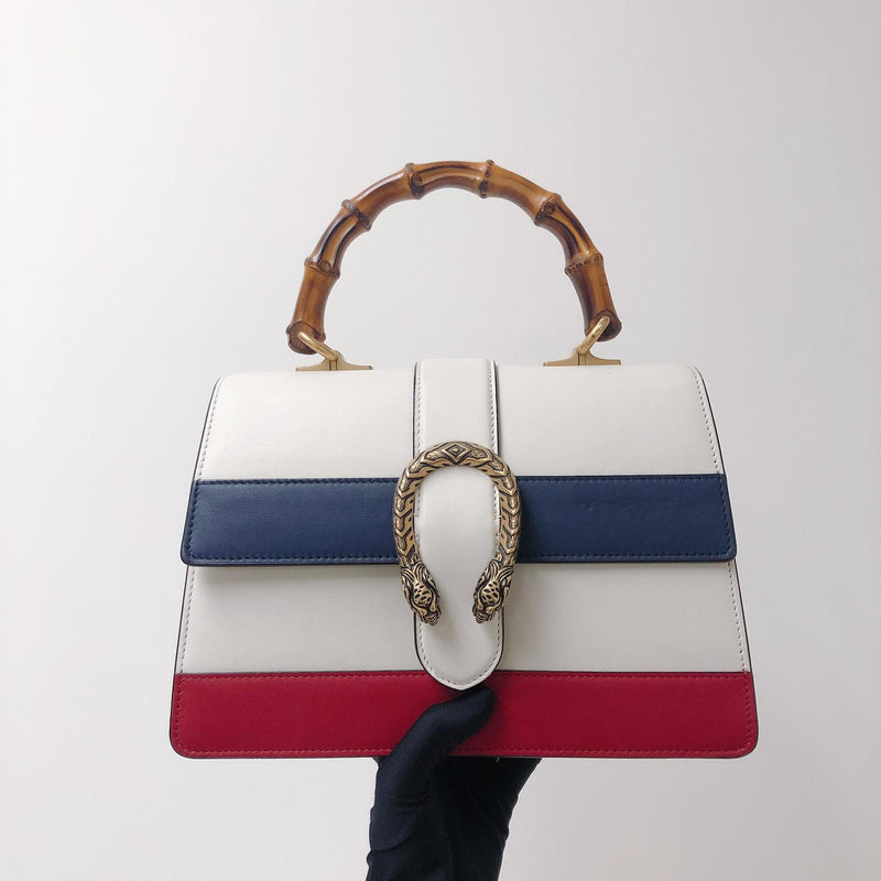 Gucci Red/White/Blue Smooth Leather Bee Embroidered Medium Dionysus Bag