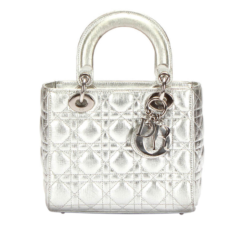 Cannage Lady Dior Metallic Leather Satchel Silver - Bag Religion