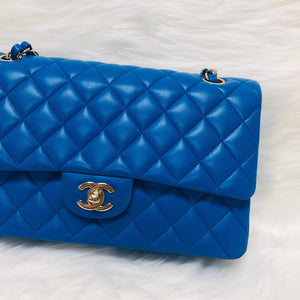 Medium Double Flap Lambskin Classic Bag with Light GHW in Electric Blue