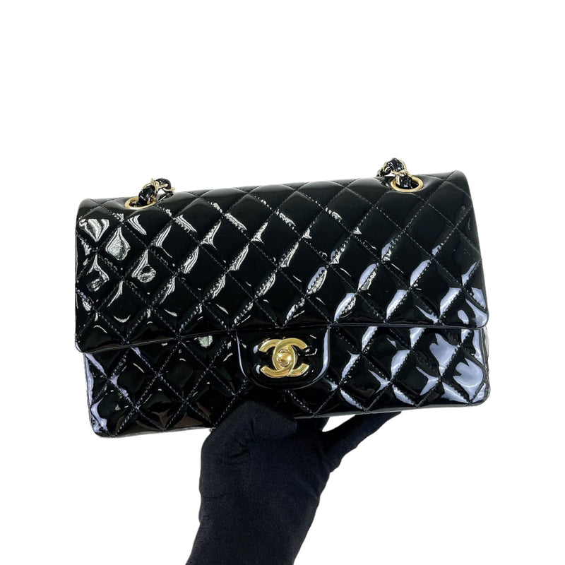 Medium Classic Double Flap Patent Black GHW