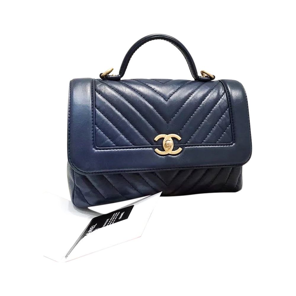 Navy Blue Chevron Top Handle Flap in Calfskin Leather