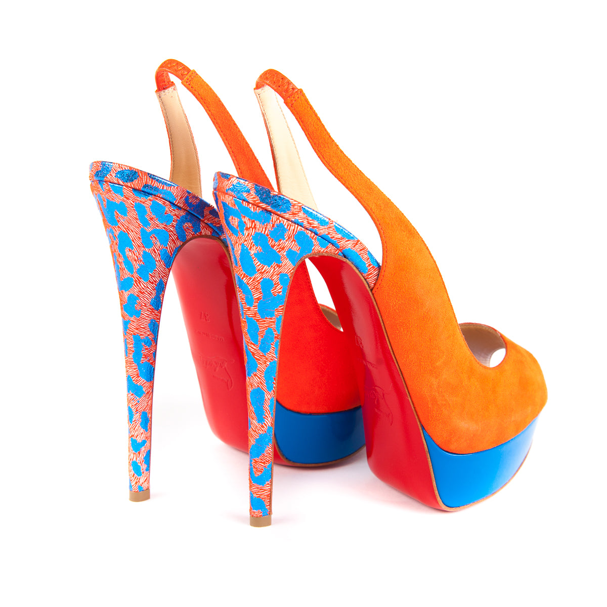 CHRISTIAN LOUBOUTIN Suede Peep Toe Pumps 37 Blue and Orange Bag Religion