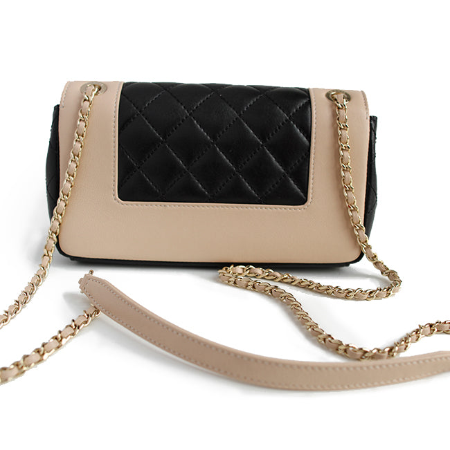 Mademoiselle Vintage Flap Bag in black and beige shiny sheepskin leather