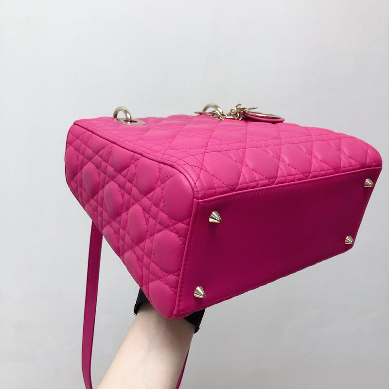 CHRISTIAN DIOR Lady Dior Fuchsia Pink Supple Medium Bag Tribal Strap  Goatskin