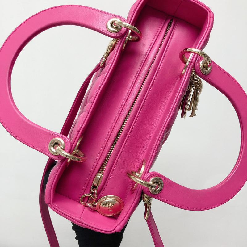 CHRISTIAN DIOR Lady Dior Fuchsia Pink Supple Medium Bag Tribal Strap  Goatskin