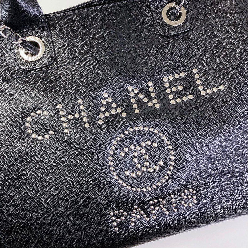 Chanel Medium Studded Deauville Tote Black Caviar Gold Hardware