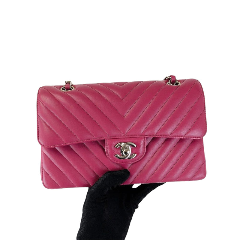 Small Classic Chevron Rectangle Flap Lambskin Dark Pink SHW