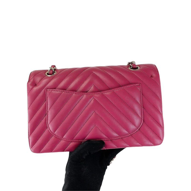 Small Classic Chevron Rectangle Flap Lambskin Dark Pink SHW