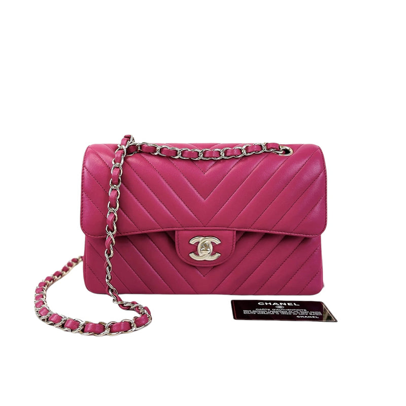 Small Classic Chevron Rectangle Flap Lambskin Dark Pink SHW