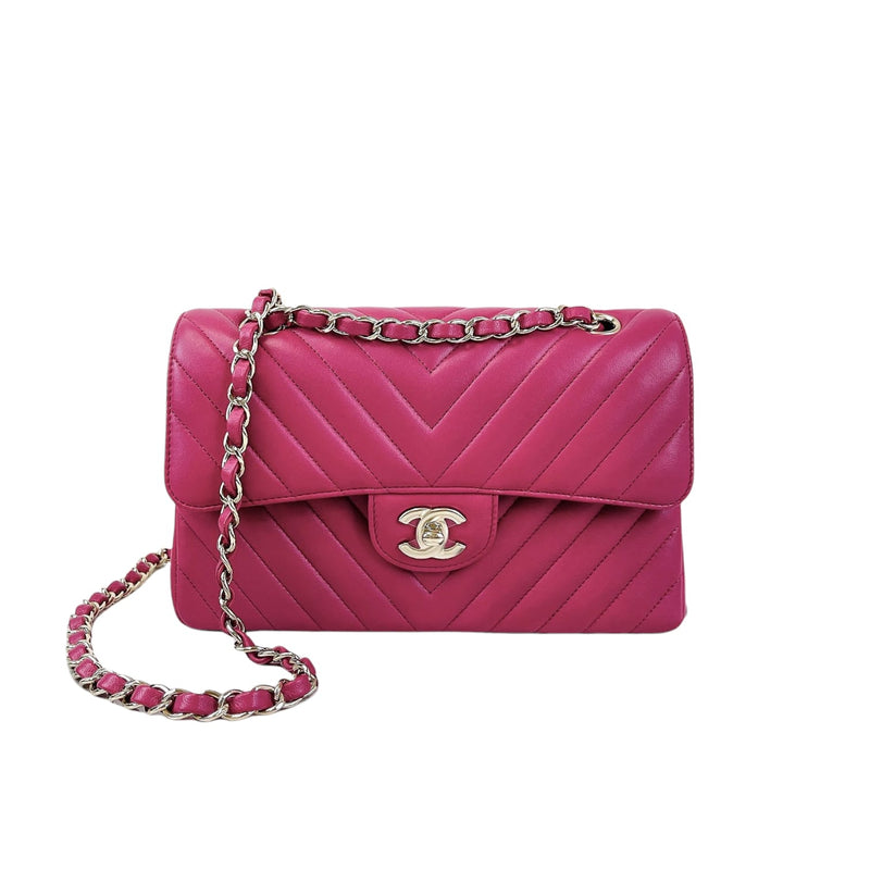 Small Classic Chevron Rectangle Flap Lambskin Dark Pink SHW