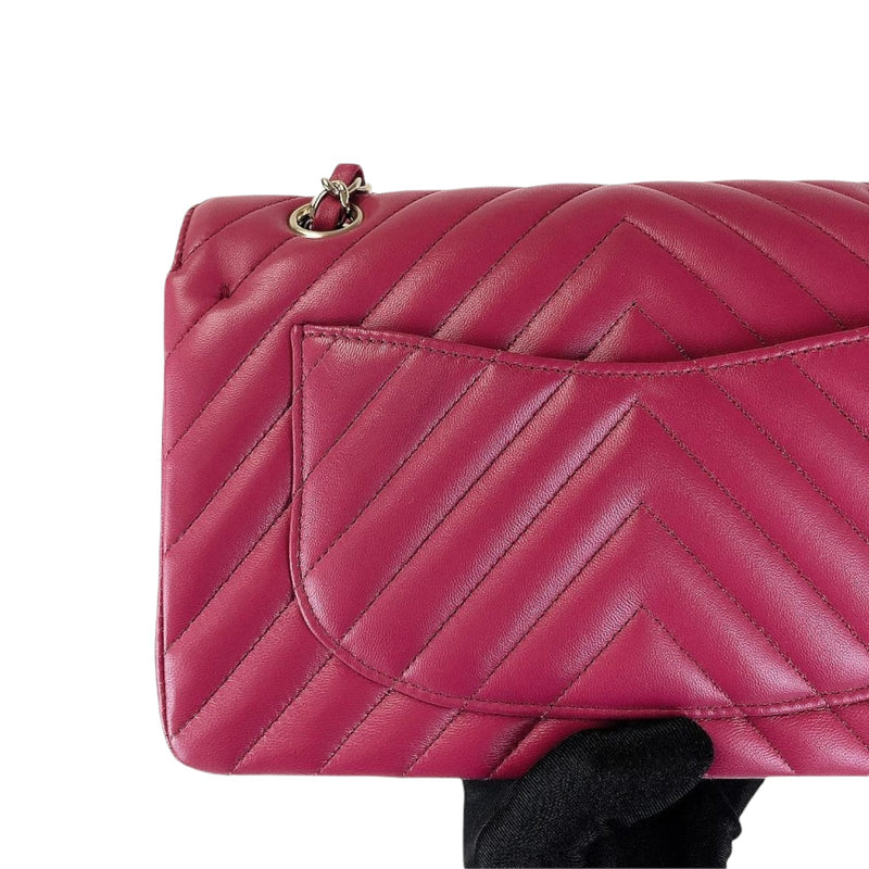 Small Classic Chevron Rectangle Flap Lambskin Dark Pink SHW