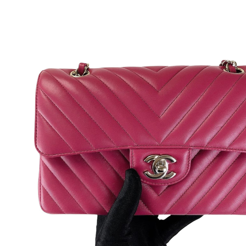 Small Classic Chevron Rectangle Flap Lambskin Dark Pink SHW