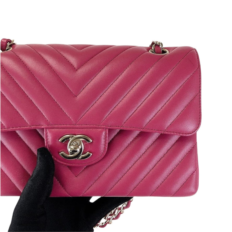 Small Classic Chevron Rectangle Flap Lambskin Dark Pink SHW