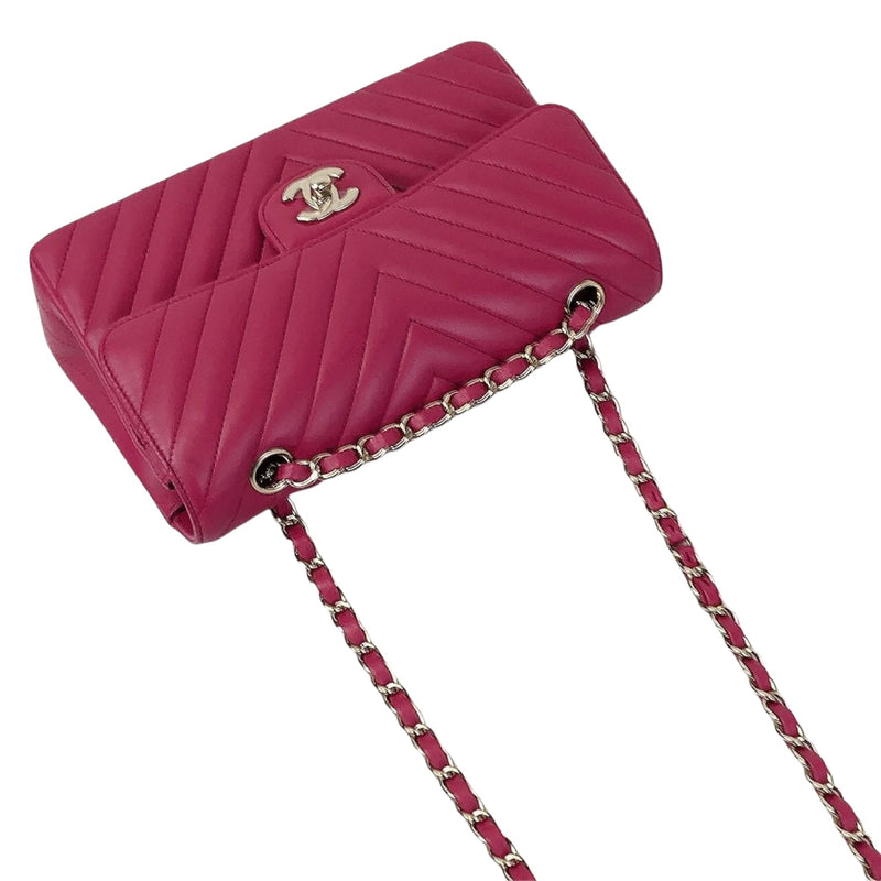 Small Classic Chevron Rectangle Flap Lambskin Dark Pink SHW