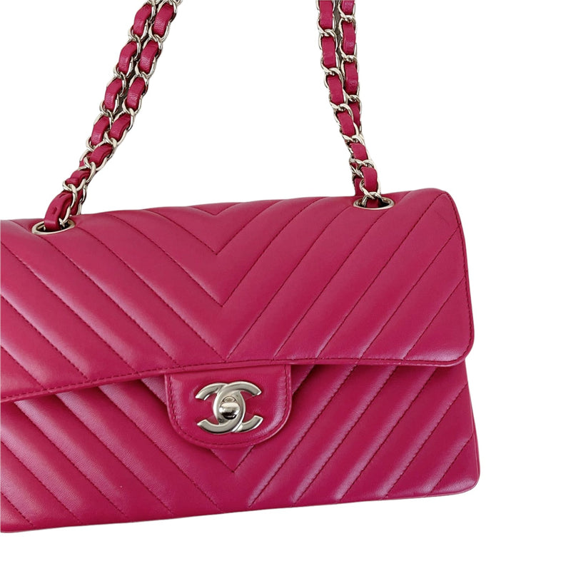 Small Classic Chevron Rectangle Flap Lambskin Dark Pink SHW