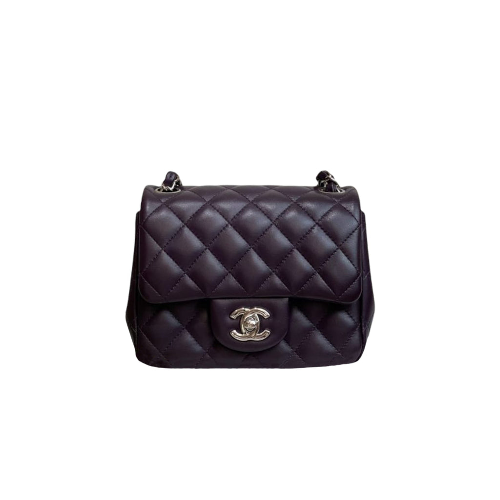 Mini Square Flap Lambskin Quilted Dark Purple SHW