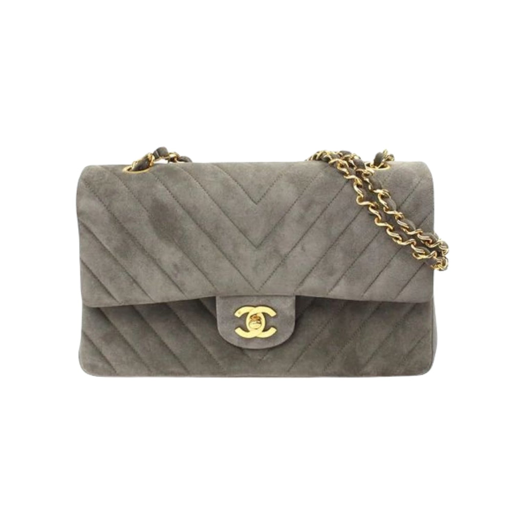 Medium Vintage Classic Flap Chevron Suede Grey GHW