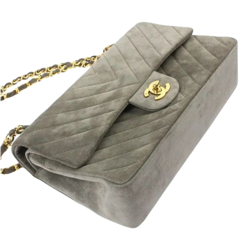 Medium Vintage Classic Flap Chevron Suede Grey GHW